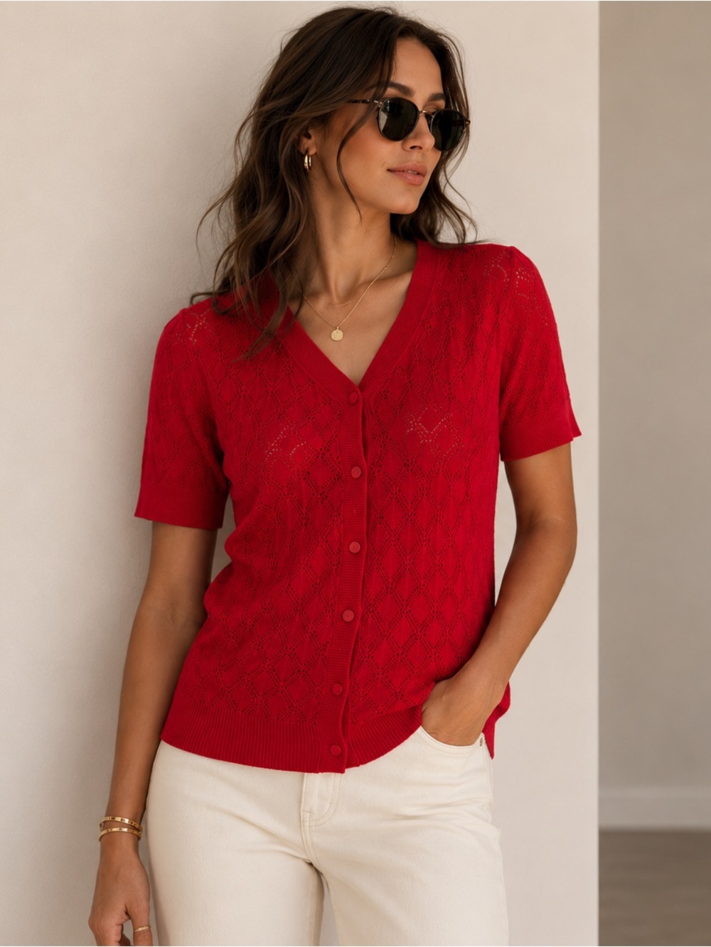 Talbots Red Pointelle Short Sleeve Cardigan Sweater Size M